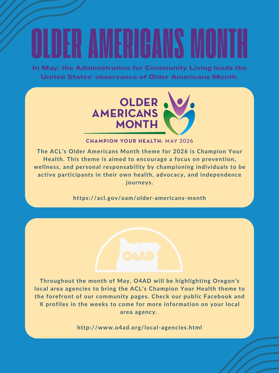 o4adoregon's tweet photo. Happy Older Americans Month!
Visit https://t.co/xx1W4pxGGC to learn more about this national observance led by the Administration for Community Living. https://t.co/EttviBnzF0
