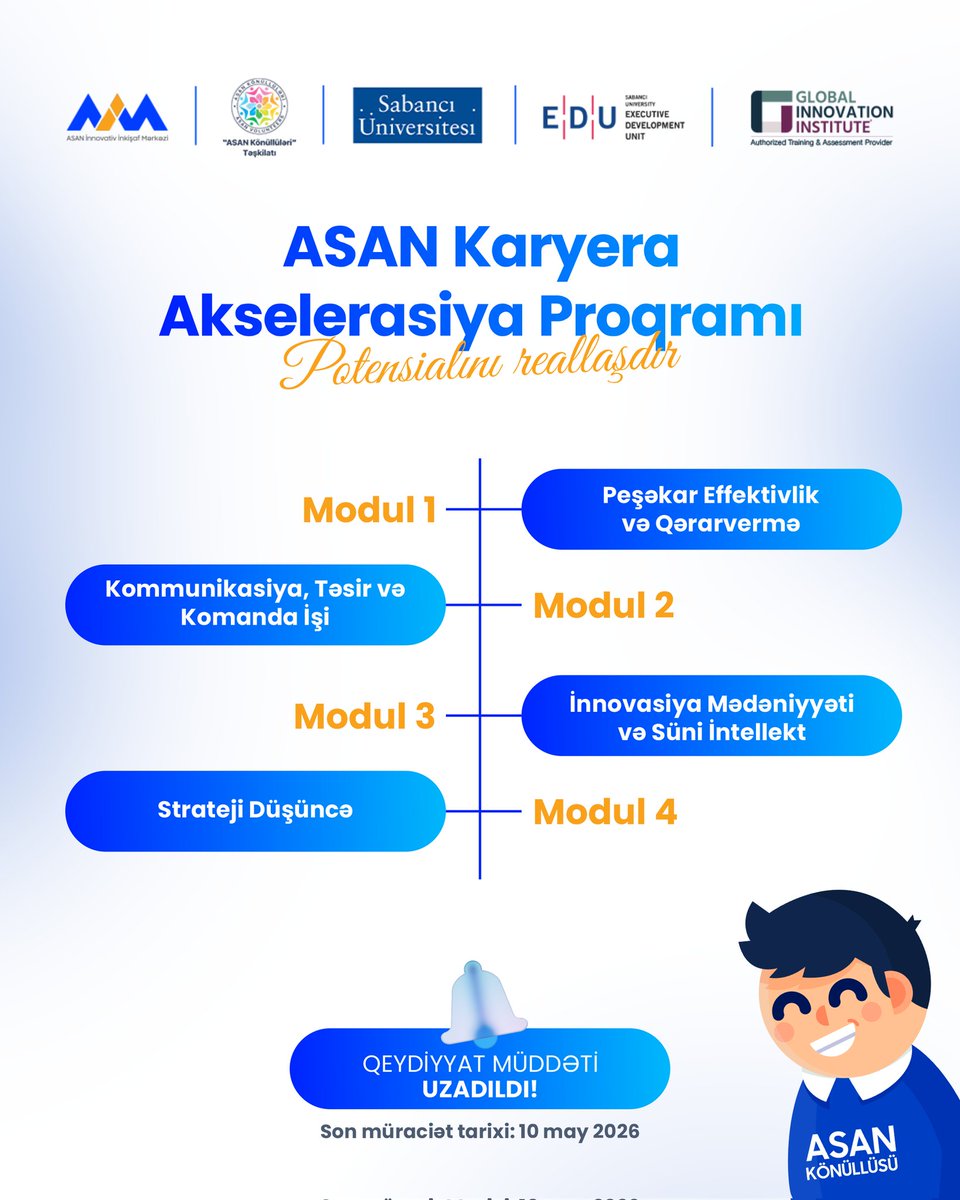 asanvolunteers's tweet photo. Çoxsaylı istəkləri nəzərə alaraq ASAN Karyera Akselerasiya Proqramının qeydiyyat müddəti uzadıldı! 🤩
Ətraflı məlumat: https://t.co/m77U5OtX9z
#AKAP #ASANKönüllüləri #ASANVolunteers #ASANxidmət https://t.co/DQUN7GF2sd