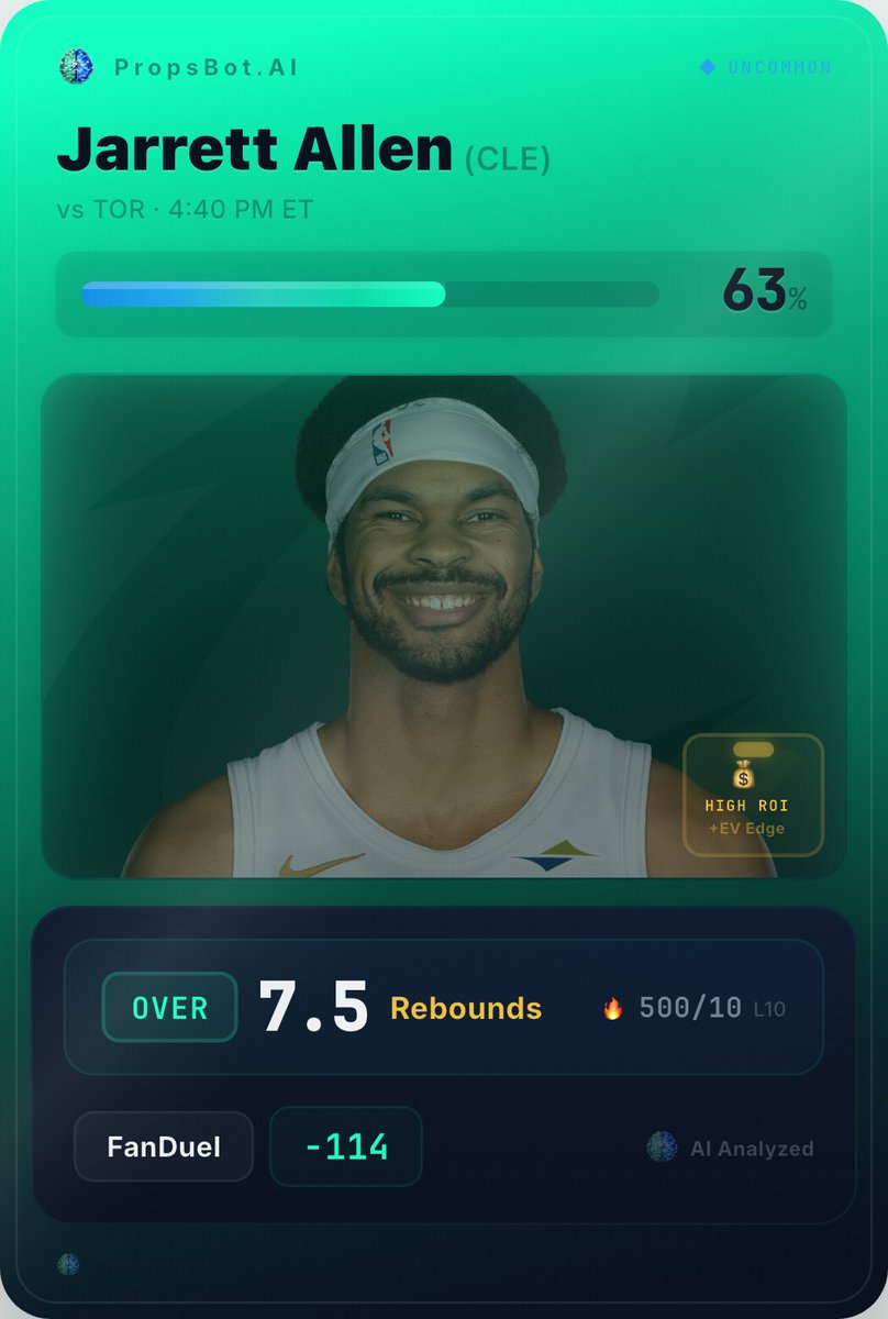 realROYLTY's tweet image. ☢️PRIZE PICKS #NBA NUKE POTD

⭐️JARRETT ALLEN OVER 7.5 REBOUNDS

2026 season average of 9.0 rebounds across all away games this season. Last 10 away games he is averaging 9.8; nearly 2.3 boards above this line every time he steps on the road.

Line is sitting 1.5 below his away