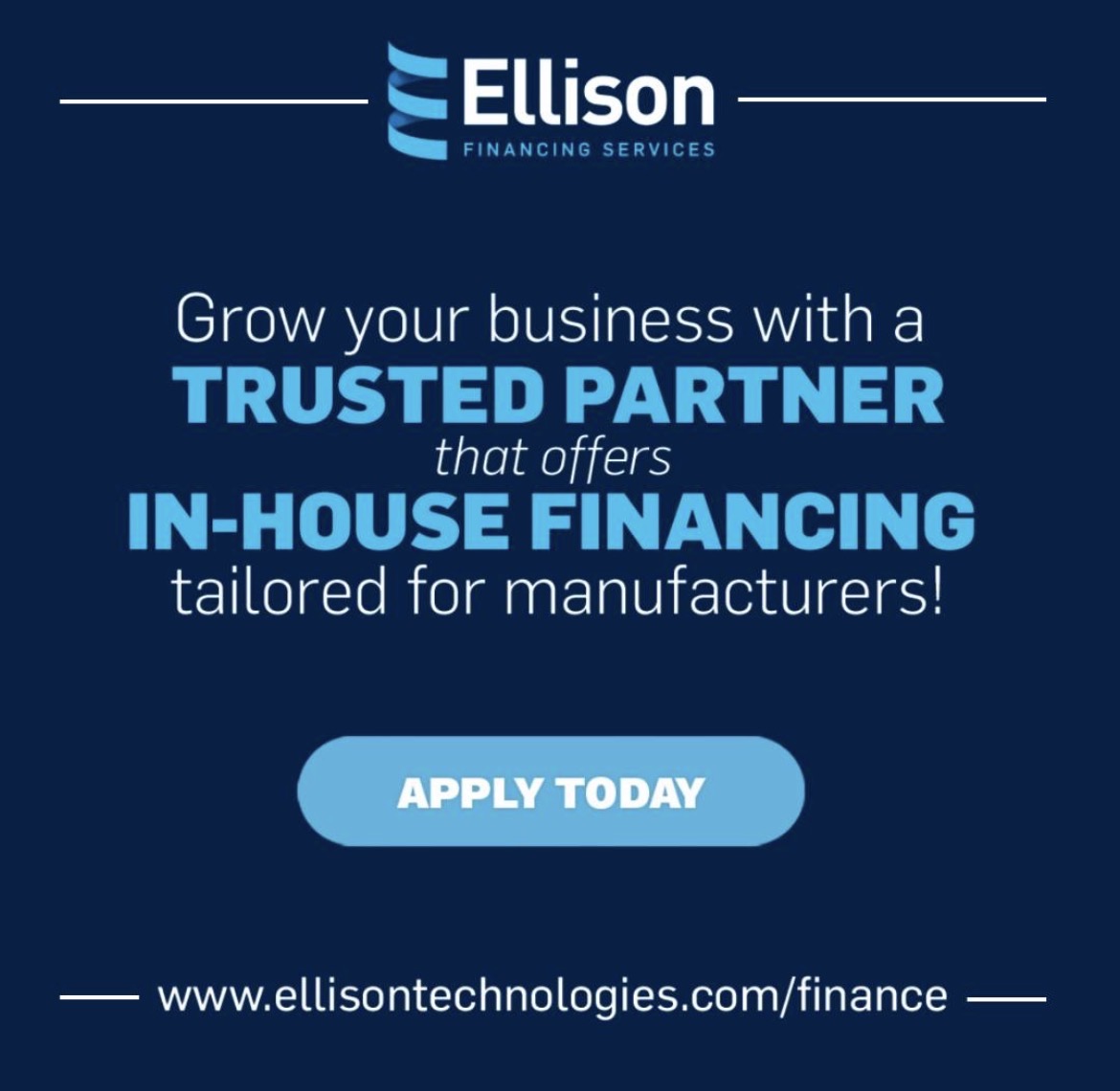 EllisonTech's tweet photo. Don't let financing slow you down. 💼 Ellison has you covered with in-house financing built for manufacturers. Apply today! 🔗 https://t.co/8zj23vxDiY https://t.co/IMRxQxuucc