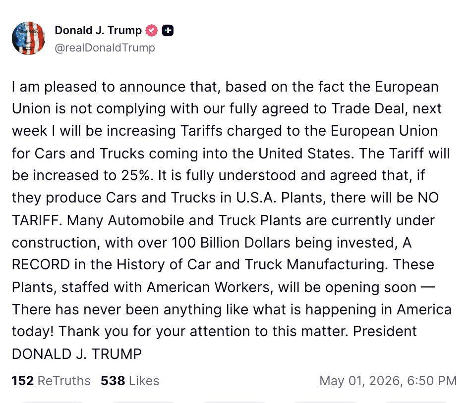 Trump droht der EU mit Strafzöllen. Europa sollte antworten: Viel Spaß beim Handelskrieg.

Donald Trump will also wieder Zölle als außenpolitische Abrissbirne benutzen. Diesmal sollen Autos und Trucks aus der Europäischen Union mit 25 Prozent belegt werden, weil die EU angeblich