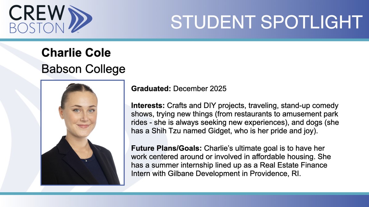 CREWBoston's tweet image. Congratulations to CREW Boston undergraduate student member Charlie Cole on graduating from Babson College! We look forward to your future contributions to the #CRE industry. #FutureFacesFriday #StudentSpotlight