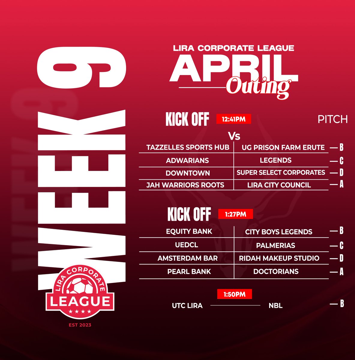 The Lira Corporate League April Outing is here. Join us this Sunday at UTC Lira and  support your team, connect with the community, and enjoy a well-organized matchday experience. Free Sickle Cell testing and screening 
#LiraCorporateLeague2026
#MentalHealthAwareness