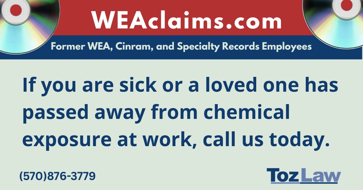 Toz_Law's tweet photo. If you or a loved one suffered cancer or illness and worked at WEA Manufacturing in Olyphant, PA, we are here to help.
TozLaw is leading the fight for Workers and Families Impacted by Plant Exposure. Call us for a free and confidential consultation.
#SpecialtyRecords #Cinram #PA https://t.co/rVelgN51vw