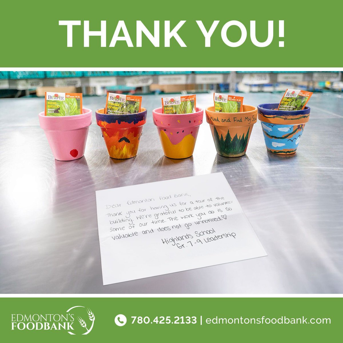 yegfoodbank's tweet image. We welcomed students from Highlands School to the Food Bank, where they learned more about our work and volunteered their time.

They also brought hand-painted pots and seed packets to share, along with a thoughtful letter. Thank YOU! #yeg #edmonton #feedyeg #yegfoodbank