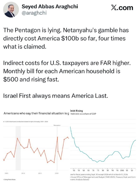 SuomiPoliitikko's tweet image. ⚡️⚠️💰🇺🇸🇺🇸🇮🇷 Iranin ulkoministeri:❗️"Pentagon valehtelee. Netanjahun uhkapeli on jo maksanut Yhdysvalloille 100 miljardia dollaria. Se on neljä... - t.me/EDUSKUNTAVAALI… #Suomi #finnish #suomalaiset #Politiikka #suomalainen