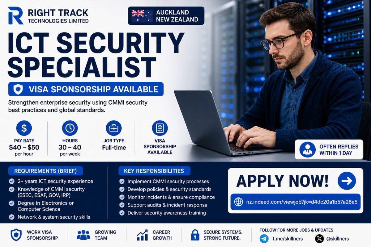 skillners's tweet photo. 🇳🇿 ICT Security Specialist — Auckland
$40–$50/hrp
• Visa Sponsorship
Requirements:
2+ yrs ICT security
• CMMI
• CS/Electronics degree
Apply: https://t.co/cKHaYN7fcR
#NZJobs #ICTSecurity #VisaSponsorship #TechJobs https://t.co/DTUML9Hy5s