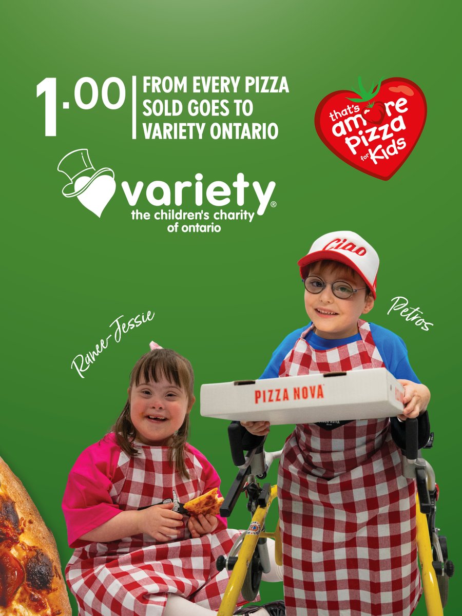 PizzaNova's tweet photo. Pizza for a great cause. 💚❤️

Help us support @Variety_Ontario - the Children's Charity on May 12th. $1 from every pizza sold supports children with disabilities. 

#pizzanova #thatsamore #varietyontario https://t.co/PPScPvIeQ3