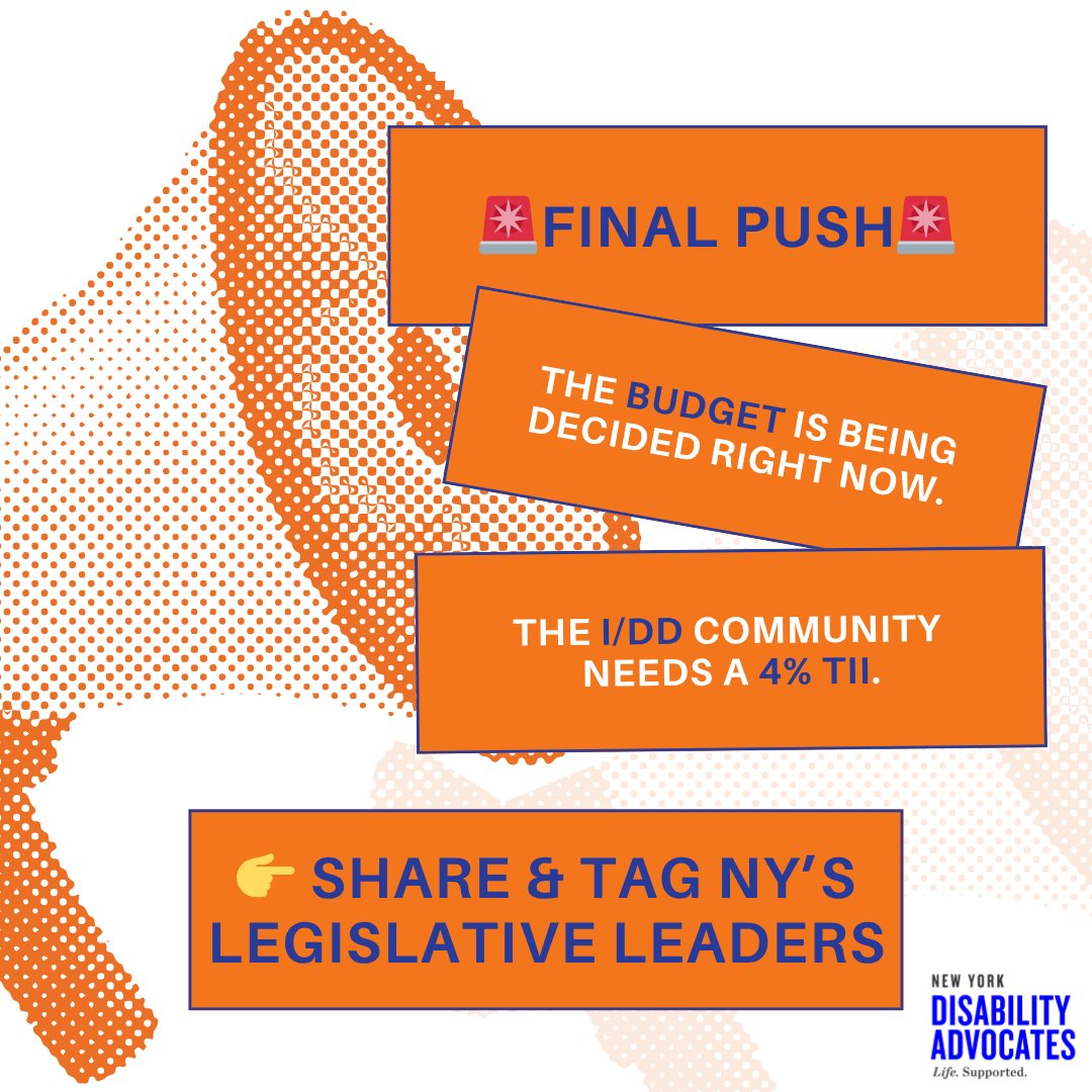NYDisabilityAdv's tweet photo. 🚨 FINAL PUSH

Share this and tag NY leaders:

@GovKathyHochul @AndreaSCousins 
@PatriciaFahy46 @AsmSantabarbara

New York must include a full 4% TII in the final budget. The I/DD community can’t wait. 
#InvestInUs https://t.co/tSMCeOsVMQ