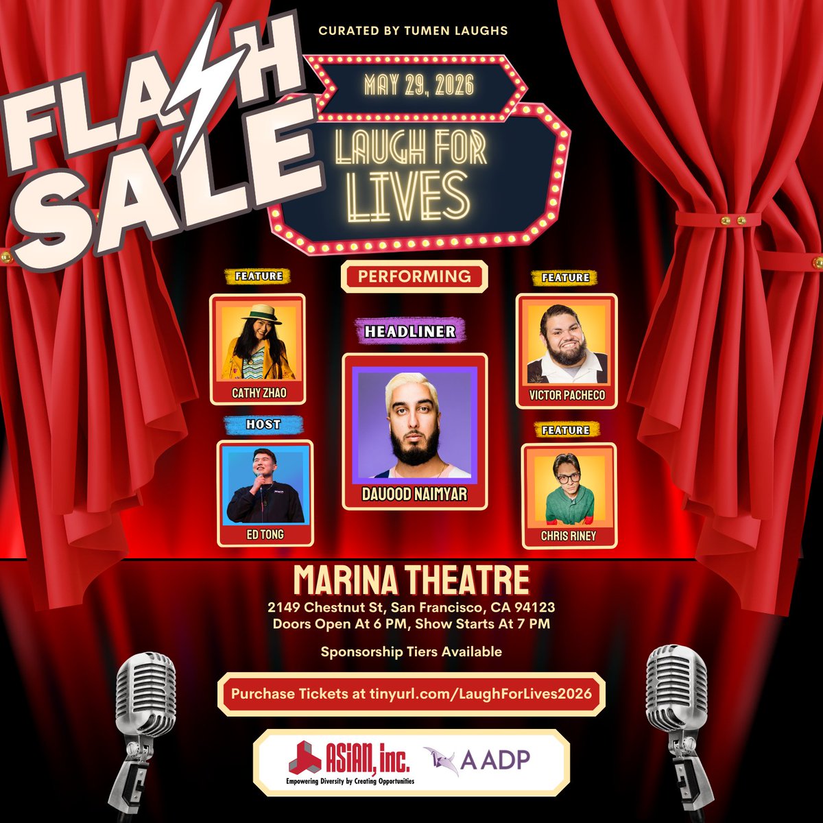 cegillespie's tweet photo. 🚨 FLASH SALE: TODAY ONLY 🚨
 🎟️ 50% OFF tickets, only until this evening!
Grab yours now before the deal is gone: https://t.co/fxr8OlABBT
#LaughForLives #ComedyForACause #AAPICommunity #SanFrancisco #familyfun https://t.co/2NkC9yKDYd