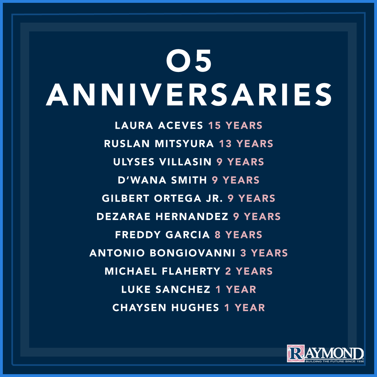 TheRaymondGroup's tweet photo. Congratulations to our May office anniversaries. Thank you for your continued dedication and support! #RaymondWay https://t.co/TtYGSxPsRY