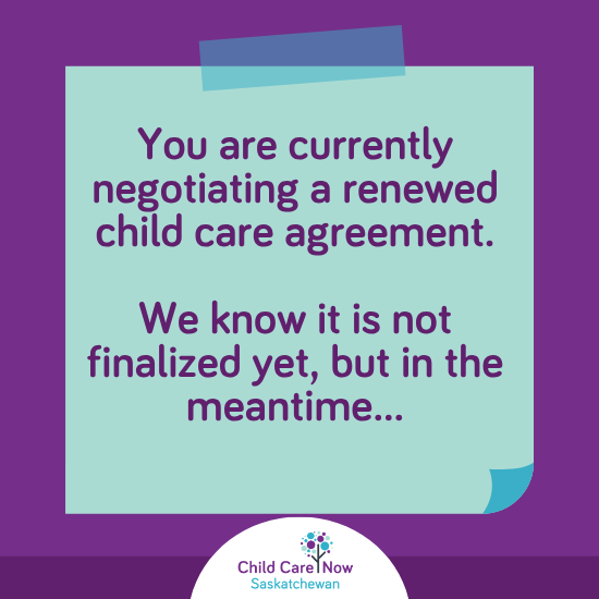 CCNowSask's tweet image. Looking for answers about the new SK child care agreement? So are we! We're posting our most burning questions for Minister Hindley here the next few weeks, for you to share and ask him (or your MLA) as well!

Find the full list of questions on our website (link in bio)

#skpoli