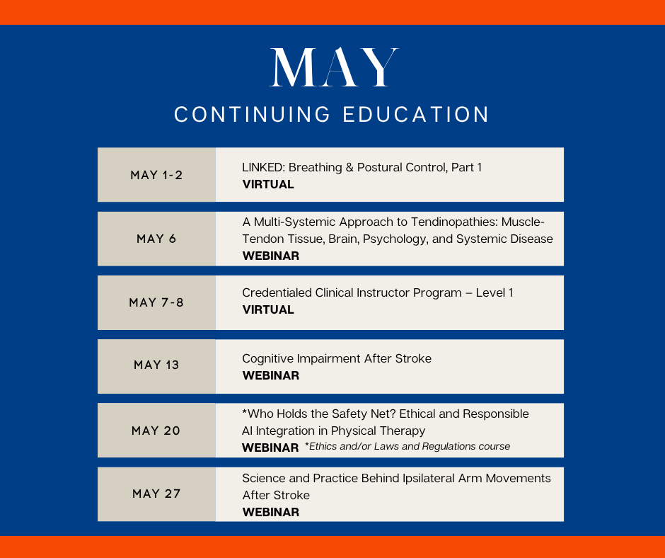 CPTAtweets's tweet image. May is stacked with CE opportunities! 📚🌼
We’re offering more courses than usual this month, including options to help you fulfill your Ethics &amp;amp; Laws requirement. Don’t wait—get ahead on your CE while expanding your knowledge and skills
#PhysicalTherapy🔗 ccapta.org/CPTACourses