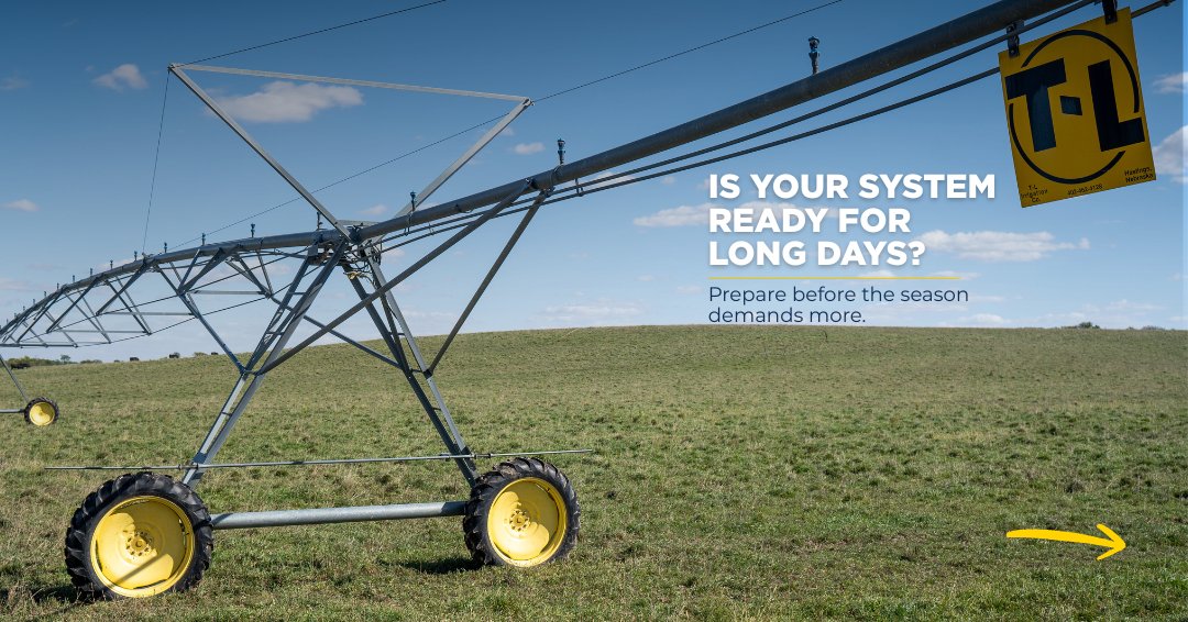 TLirrigation's tweet photo. Is your system ready for long days?

With longer days and rising temperatures, irrigation systems are asked to do more. Checking key components early helps ensure your system is ready to run when conditions demand it. https://t.co/qtmCsR52F1