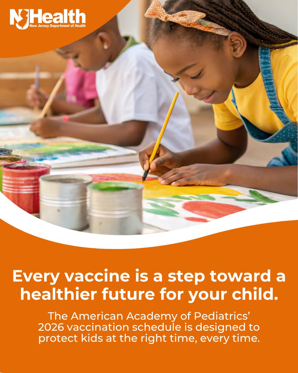 NJDeptofHealth's tweet image. Every vaccine is a step toward a healthier future for your child. The 2026 vaccination schedule from the American Academy of Pediatrics is designed to protect kids at the right time, every time. Learn more: bit.ly/4szAGS8 #HealthierNJ #Vaccine