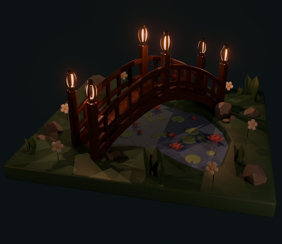 DragonOrcas's tweet image. A cute little pond and bridge #blender #3Dmodeling