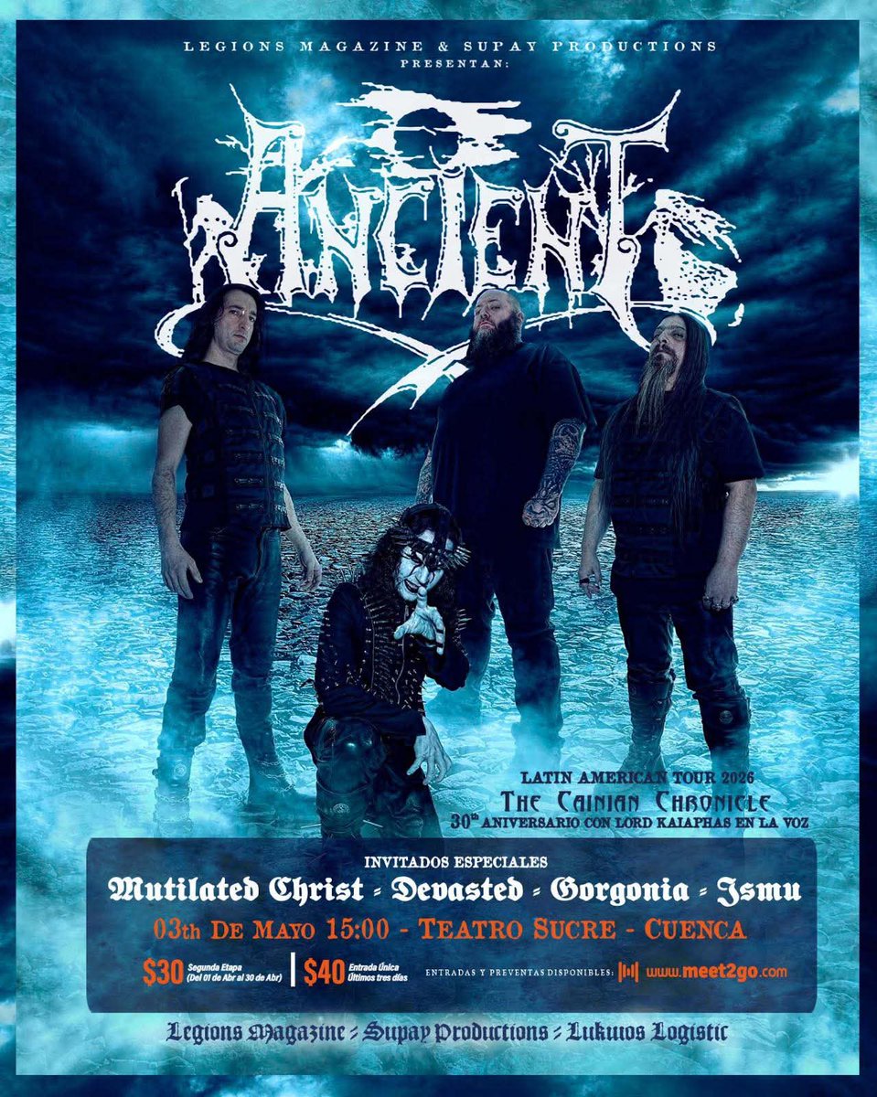 RockClasicoCue's tweet image. ⚠️ A pocas horas del gran show de #Ancient 🇧🇻 una de las bandas más representativas del #blackmetal mundial se presenta en la ciudad, una experiencia musical y escénica qué sus fans y rockeros no podemos dejar pasar...

📍 Cuenca Teatro Sucre
🎟️ Boletos en la Barraca Café Bar