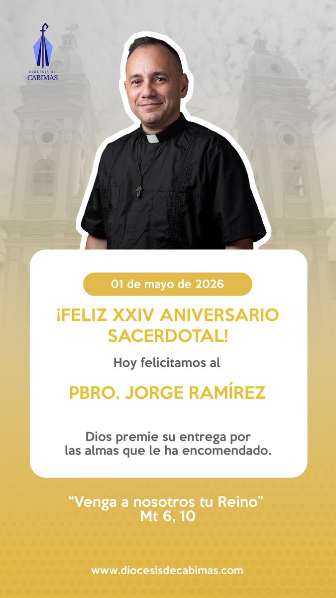 Celebramos en este día el Aniversario de Ordenación Sacerdotal del Pbro. Jorge Luis Ramírez.

Ofrezcamos una oración de acción de gracias a Dios por él 🙏