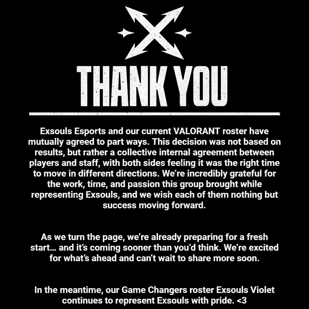 ExsoulsEsports's tweet photo. Official Statement on our VALORANT Roster. 🤍

We'll come back stronger. ⚔️
#XSRising | #ExsoulsWIN https://t.co/9rEDZDfHDp