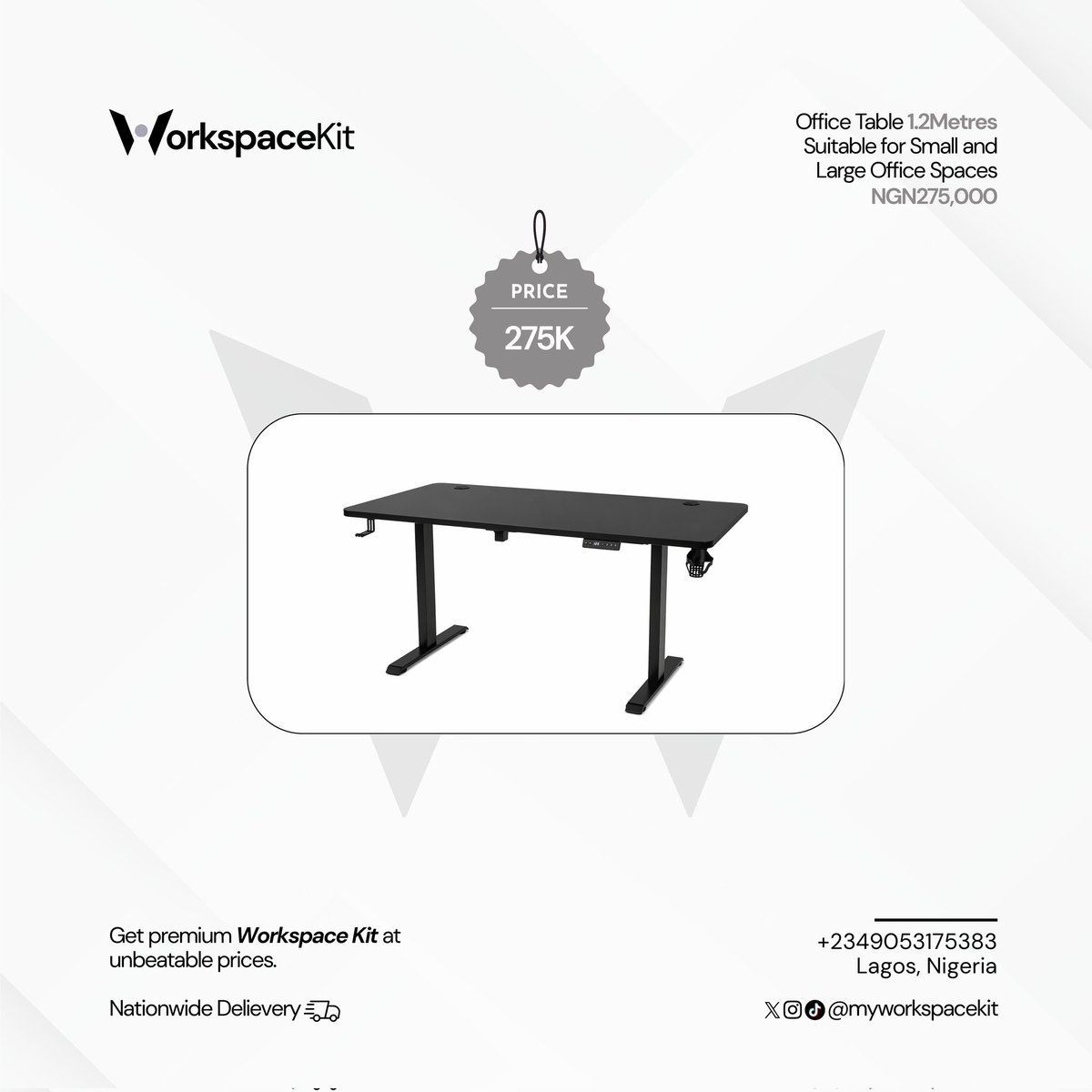 myworkspacekit's tweet image. Ergonomic Desk 0F0
Description: Electric Adjustable
Price: N275,000
Length: 1.2Metres
Colour: Black

send us a DM to place your order.

#workspace #workspacekit #officechair #ergonomicchair #nationwidedelivery
