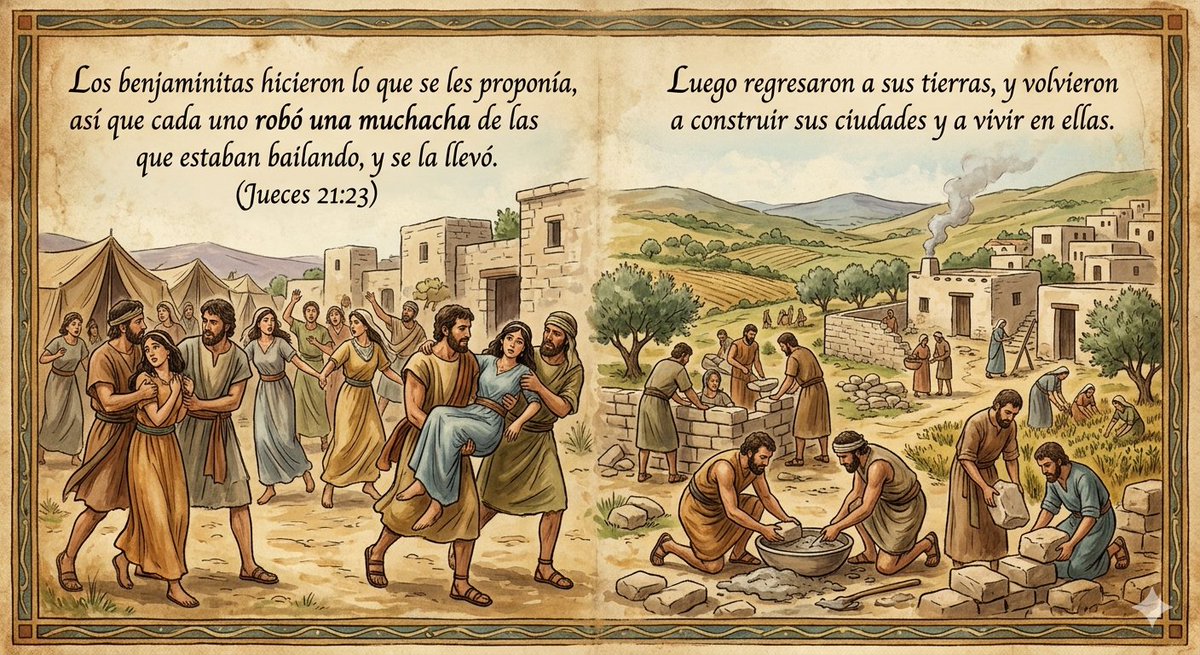 AngeluzsDomini's tweet image. #Biblia
𝙀𝙨𝙥𝙤𝙨𝙖𝙨 𝙥𝙖𝙧𝙖 𝙡𝙤𝙨 𝘽𝙚𝙣𝙟𝙖𝙢𝙞𝙣𝙞𝙩𝙖𝙨.
Los hombres de Benjamín siguieron el consejo de los ancianos Israelitas. Cada uno se robó una de las bailarinas y se casaron con ellas; luego regresaron a sus tierras y volvieron a construir sus ciudades.
(Jc 21:23)