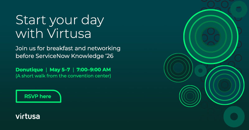 VirtusaCorp's tweet image. Start your day with Virtusa at #Knowledge2026. Join us for breakfast and networking at Donutique from 7 AM to 9 AM. Connect with our ServiceNow experts before hitting the convention floor. RSVP here! virtusa.com/lp/servicenow-… #EnterpriseAI #WorkflowAutomation #VirtusaatServiceNow