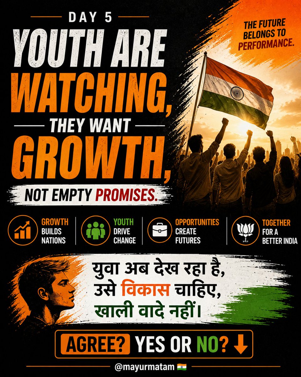Mayurmatam's tweet image. Youth are watching everything.
They don’t want promises, they want growth. 🇮🇳

युवा अब देख रहा है —
उसे विकास चाहिए, खाली वादे नहीं

Agree or not? 👇

#Youth #Growth #NewIndia #MatamMayurnath