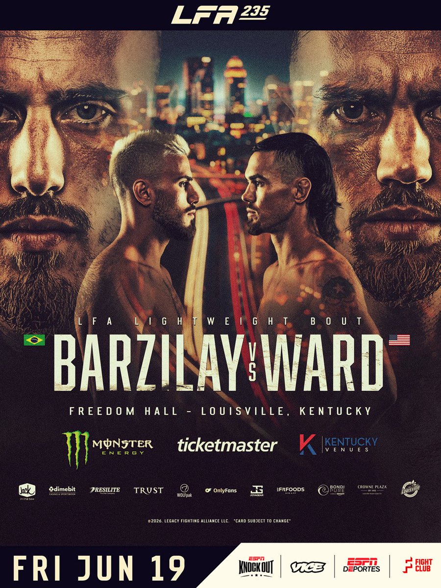 LFAfighting's tweet image. #LFA235 ⚜️

Takes place Friday, June 19th at @kyexpocenter in #Louisville #Kentucky  

📲 Main card live on @VICETV @ESPNDeportes @ESPNKnockout at 9 p.m. ET 
Select prelims on @SpectationNet 

🎟️: Linktr.ee/lfafighting