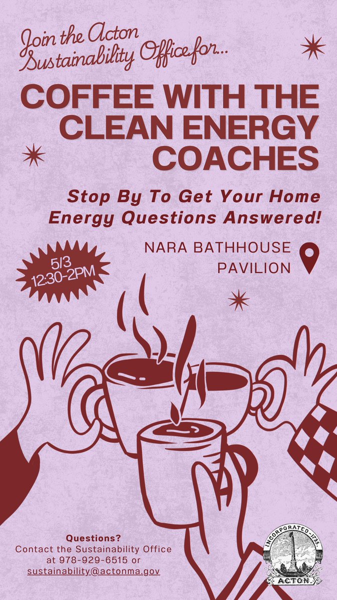 ActGreenMA's tweet photo. Act on Sustainability🌞🌱🔌in Acton MA! Coffee this Sunday 5/3 at NARA Park! Ask❔an Acton Clean Energy Coaches about how to reduce your climate impact &amp; SAVE too!  Visit https://t.co/yMqQ3g1Aq0 and https://t.co/J0q4bn4T7e
#actonsustainability #EnergizeActon #NaraParkActon https://t.co/kRsq32hhcr