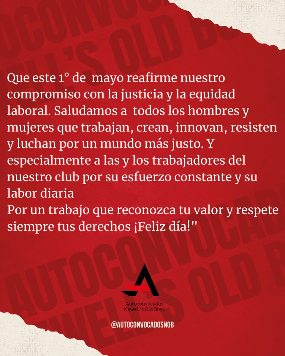 Autoconvoca2NOB's tweet photo. 🔴⚫ Día internacional de las y los trabajadores. Queremos desearles un gran día a todos y todas las leprosas, con especial mención a quienes día a día sostienen nuestro club y, con su trabajo, lo hacen más grande. https://t.co/810vvmhMAs