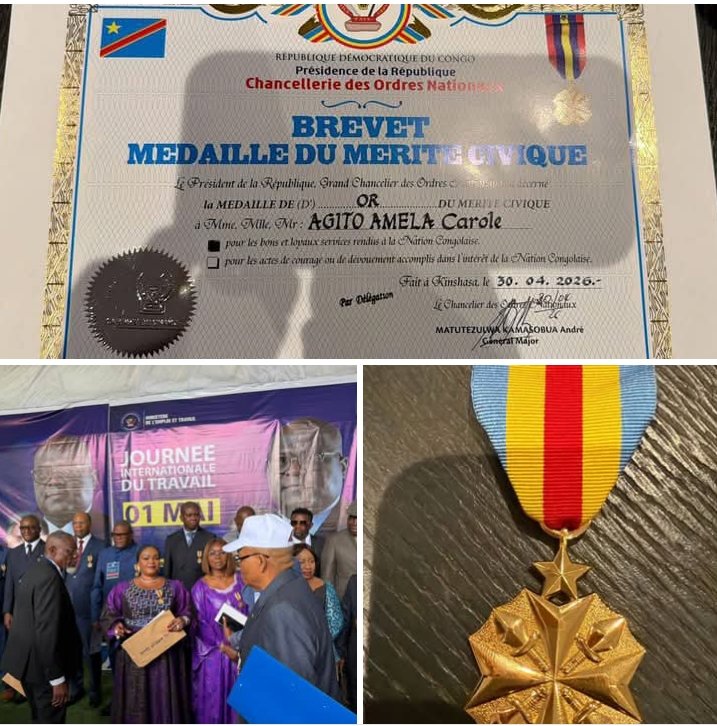 sergesindani01's tweet photo. 🔴#RDC—— La sénatrice Carole Agito Amela honorée par la République.

Kinshasa, 1er mai 2026 —— Par décision de la Chancellerie des Ordres Nationaux, agissant sous l’autorité du Président de la République, Grand Chancelier, l’honorable sénatrice @CaroleAgitho Amela a été élevée à la dignité de la Médaille d’Or du Mérite Civique. Cette haute distinction honorifique lui est décernée en reconnaissance des bons et loyaux services rendus à la Nation congolaise. Elle s’inscrit dans la volonté de valoriser les citoyens dont l’engagement contribue à l’intérêt général et au rayonnement de la République.

Établi à #Kinshasa, le brevet officiel consacre ainsi la reconnaissance de la Nation envers une personnalité dont les mérites ont été jugés dignes d’honneur.