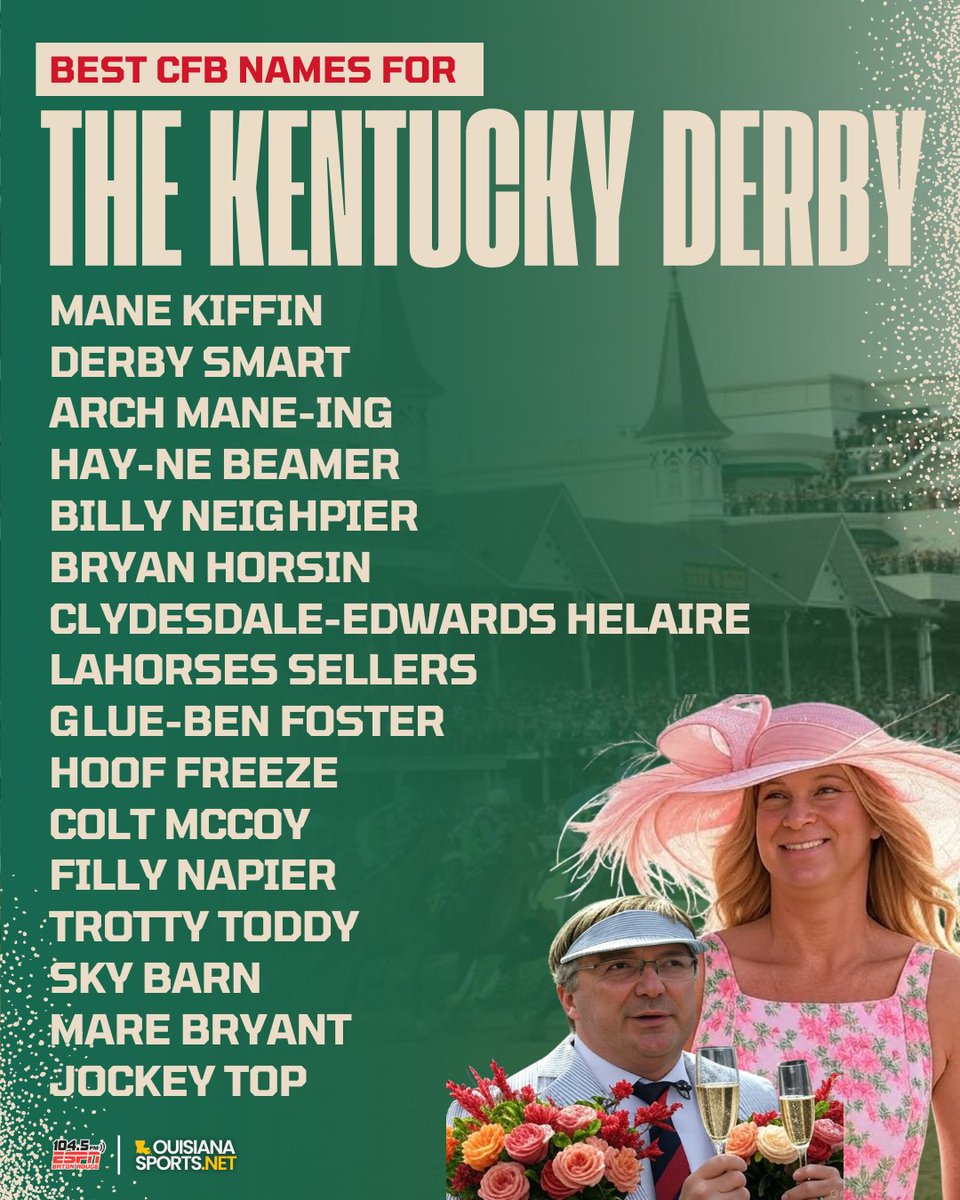 Vern_Funquist's tweet photo. The Kentucky Derby but make it CFB

BEST CFB themed horse names for the derby!

#KentuckyDerby #ChurchillDowns https://t.co/wM6VJ0N88i