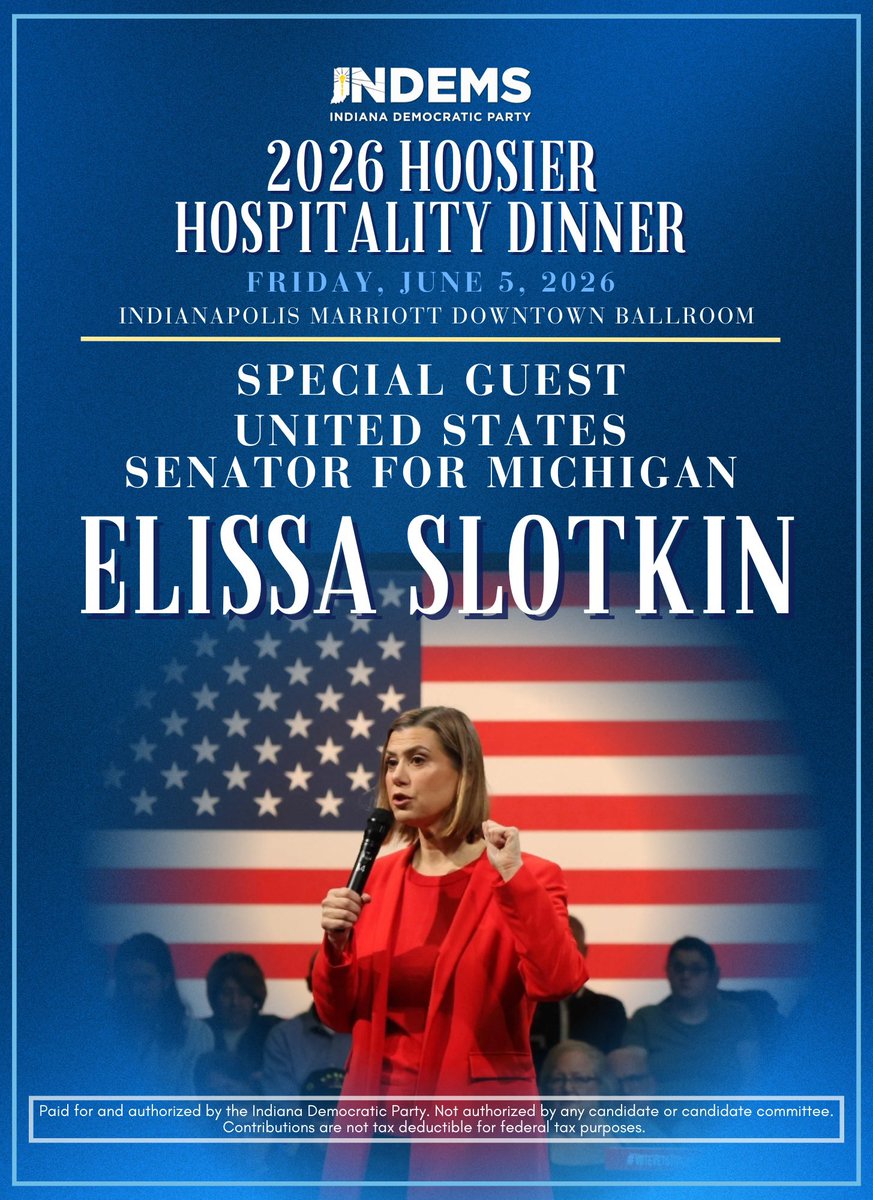 We’re so excited to have Senator <a href="/ElissaSlotkin/">Elissa Slotkin</a> joining us to kick off convention weekend on June 5!

We want to see you in Downtown Indianapolis for an evening with fellow Hoosier Democrats and Sen. Slotkin. Secure your tickets today!

secure.actblue.com/donate/hh26
