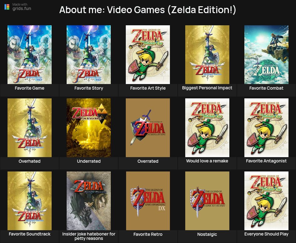RyuseiPurpleism's tweet photo. Did the grid thing I'm skyward sword #1 glazer honourable mentions to oracle games they're also bangers☝️ https://t.co/H9QB0jknrC