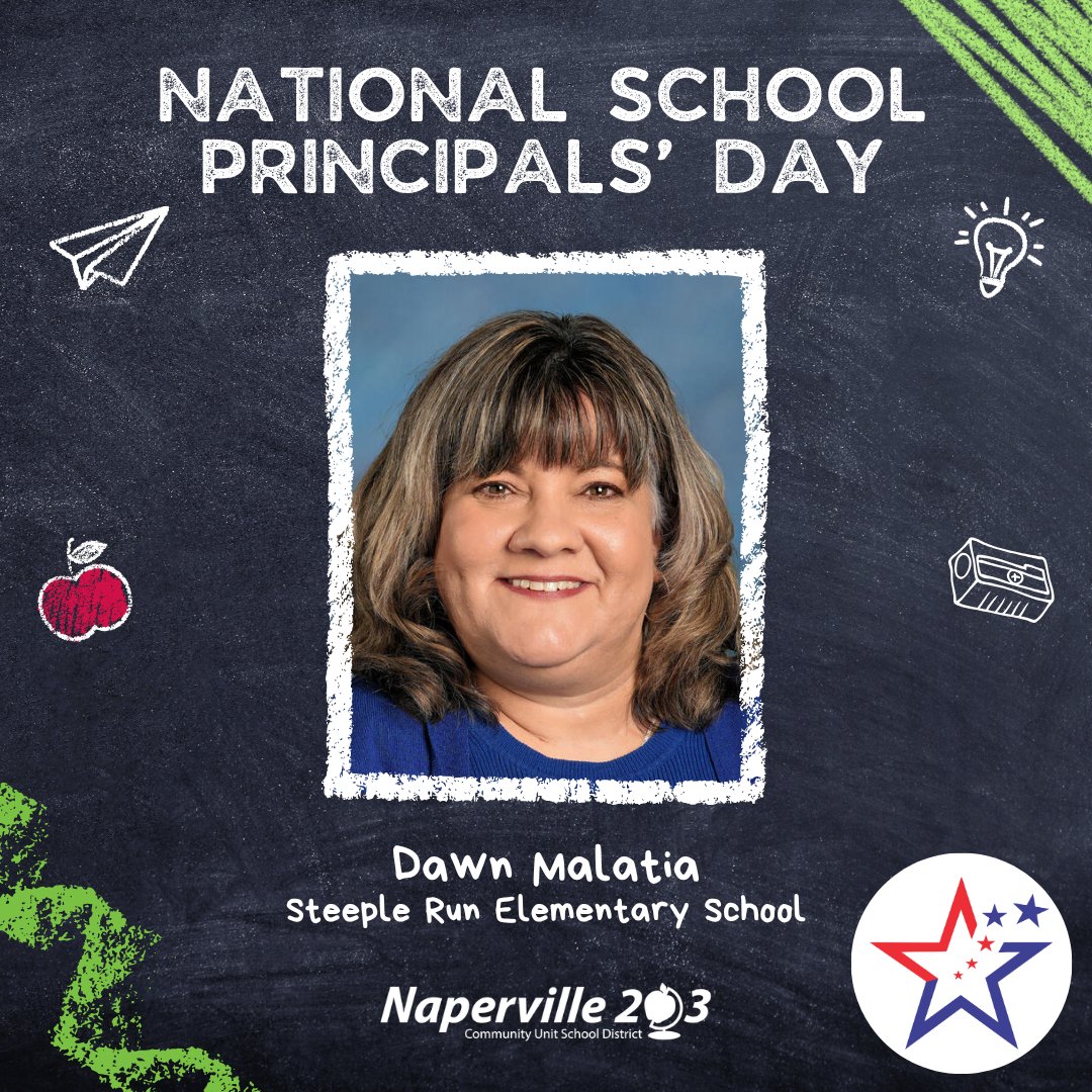 Naperville203's tweet photo. 🍏Happy National Principals' Day to Dawn Malatia at Steeple Run Elementary! A true lifelong learner leading our little learners. We appreciate your wisdom, Dawn! #WeAre203 https://t.co/GgjXQjICKj