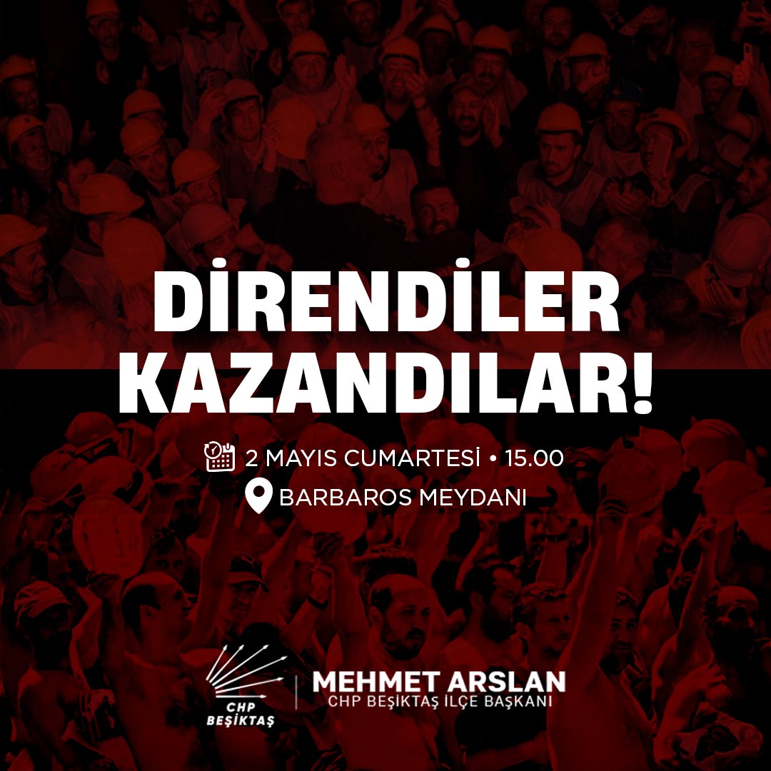 Direnenler kazandı; emeğin, alın terinin ve dayanışmanın gücünü bir kez daha haykırmak için bir araya geliyoruz.

Basın açıklamamıza tüm yurttaşlarımızı ve örgütümüzü davet ediyoruz.

📅 2 Mayıs Cumartesi
⏰ 15.00
📍 Barbaros Meydanı