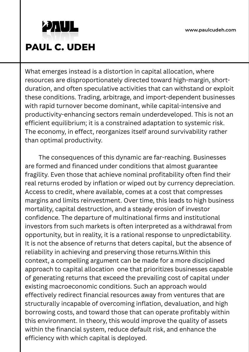 paulcudeh's tweet photo. Economic activity across much of Sub-Saharan Africa, especially in Nigeria, is often marked by an endless cycle of effort, capital deployment, and entrepreneurial energy that doesn’t produce lasting growth. The issue lies in the structural misalignment of capital costs and macroeconomic conditions, particularly the high interest rates and inflation that hinder real economic progress. Capital, the lifeblood of business, becomes a barrier, rather than a driver of growth.

This article dives deep into how Nigeria’s economic environment distorts capital allocation, preventing sectors like manufacturing, infrastructure, and agriculture from thriving. By focusing on short-term gains, businesses that could build long-term value remain underfunded. Achieving sustainable growth requires a framework that restores investor confidence, encourages long-term capital deployment, and addresses inflation and currency instability.

Read the full article on how Africa’s economies can break out of this cycle of stagnation, and what steps must be taken for lasting economic transformation.

#AfricanEconomy #EconomicGrowth #SustainableDevelopment #CapitalMisallocation #NigeriaEconomy #Finance #Macroeconomics #BusinessGrowth #Inflation #FinancialStability #EconomicReform #AfricaRising #Entrepreneurship #InvestInAfrica