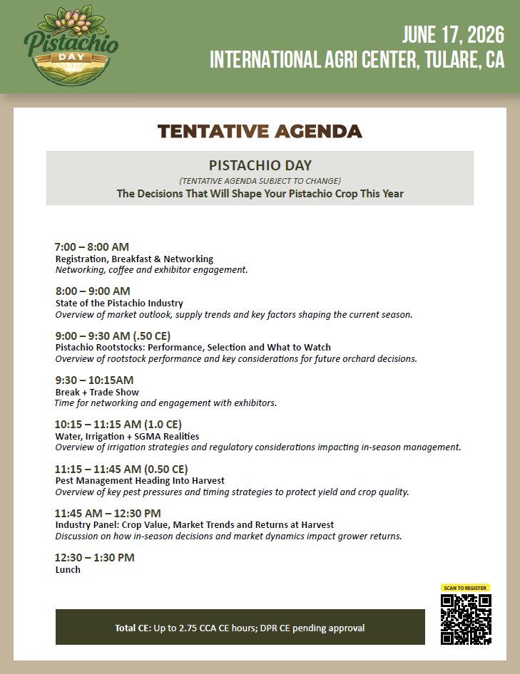 my_ag_life_ca's tweet image. Join us June 17 at the International Agri Center for Pistachio Day! CE credits for PCAs &amp;amp; CCAs. 

Register now -&amp;gt; myaglife.com/pistachio-day/ 

#PistachioDay #PistachioInsights #Pistachio #MyAgLife