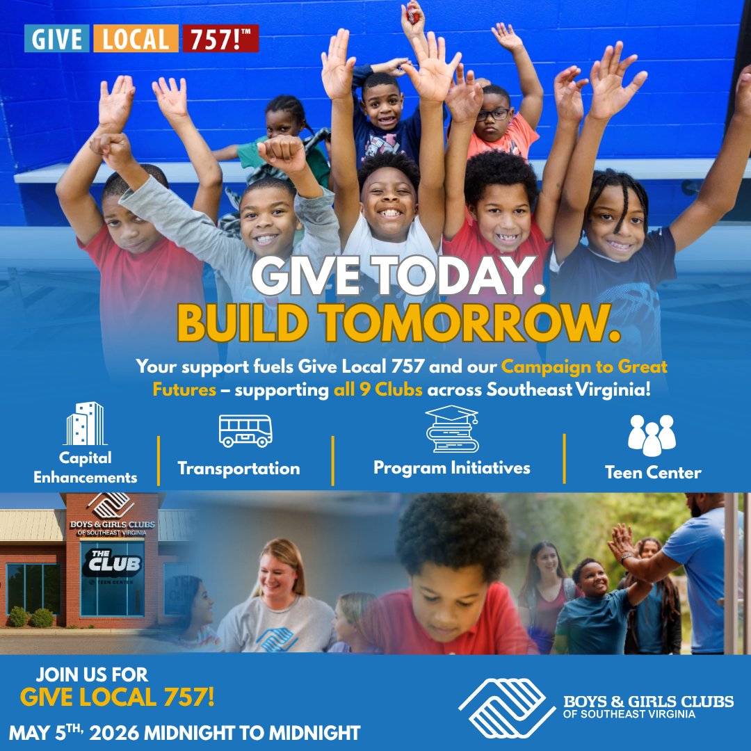 BGClubSeva's tweet photo. Today, we’re building tomorrow. 💙 

Help support Boys &amp; Girls Clubs of Southeast Virginia as we invest in brighter futures for the young people in our community. https://t.co/p6w9IW58Lg