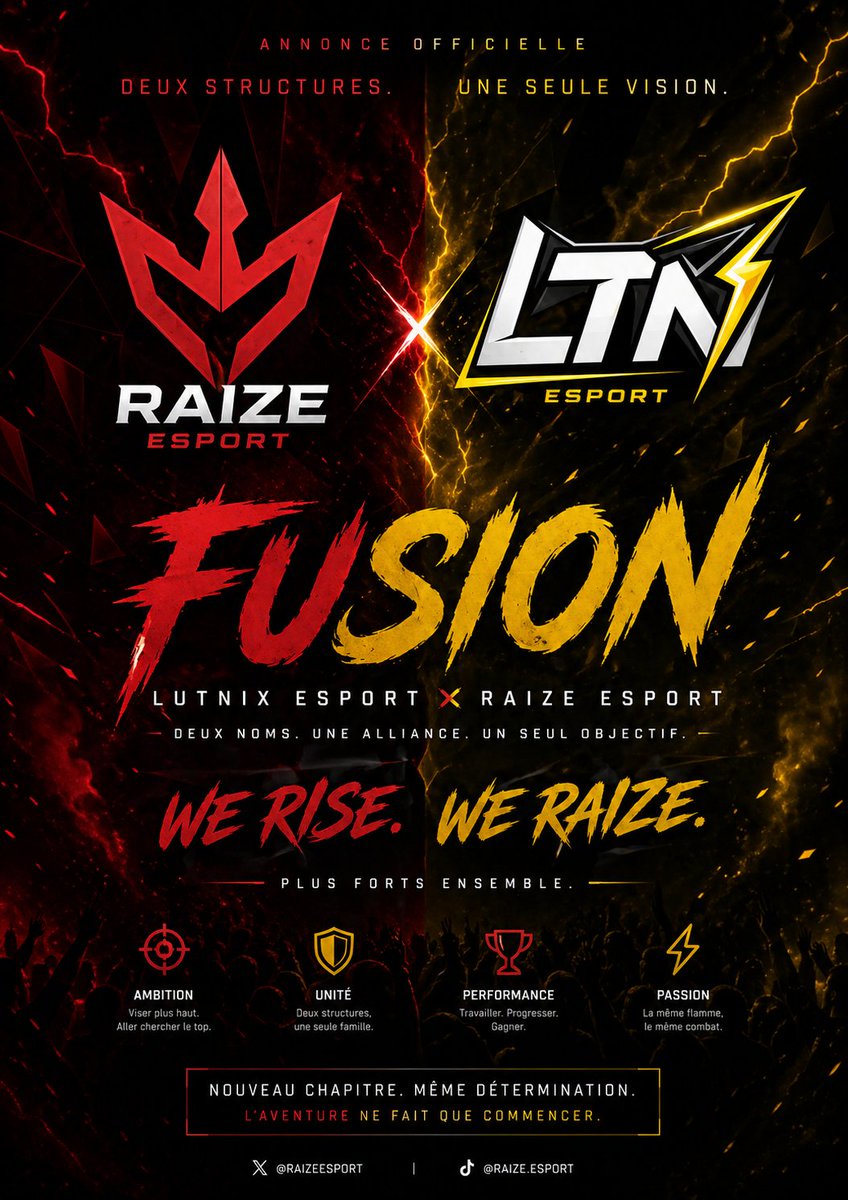 RaizeEsport's tweet photo. 🚨 OFFICIAL 🚨

Lutnix Esport 🤝 Raize Esport

Deux noms.
Une vision.
Une seule équipe.

La fusion est lancée. ⚡
On arrive plus forts, plus déterminés.

We Rise. We Raize. https://t.co/gk87LkZhAa