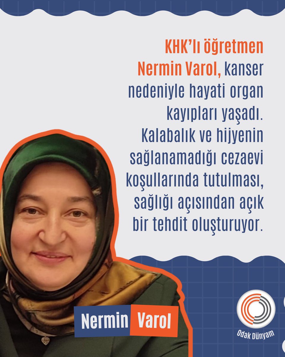 odakdunyam's tweet photo. Kanser hastalığı sebebiyle geçirdiği cerrahi operasyonlarda birden fazla organı alınan öğretmen Nermin varol, hayatın olağan akışındaki legal eylemleri nedeniyle 1 yılı aşkın süredir cezaevinde.

NerminVarol İçinSesVer https://t.co/HtyHVqwZnt