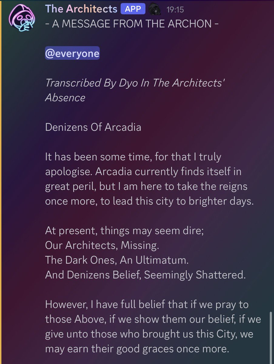 ItsTheArc's tweet photo. - A MESSAGE FROM THE ARCHON -

Transcribed By Dyo In The Architects’ Absence, The Archon’s Monthly Messages Return

- Arc II 🤘🏻 https://t.co/6iZ7cM2vPP