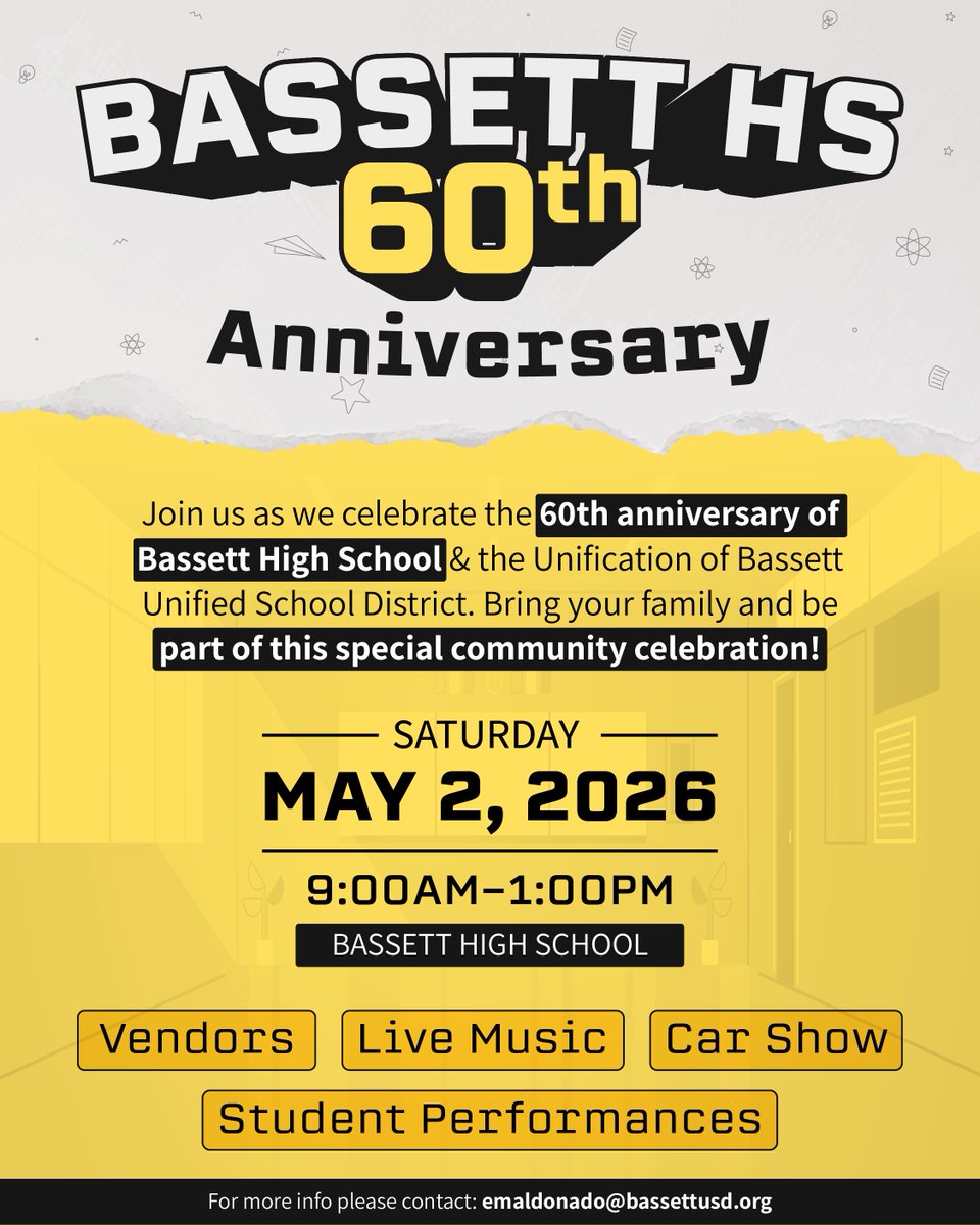 CityofLaPuente's tweet image. Join us as we celebrate the 60th Anniversary of Bassett High School and the unification of Bassett Unified School District. 💙✨

📅 Saturday, May 2nd, 2026
🕘 9:00 a.m. to 1:00 p.m.
📍 Bassett High School

#LaPuente #BassettHighSchool #Anniversary #Celebrate #Community