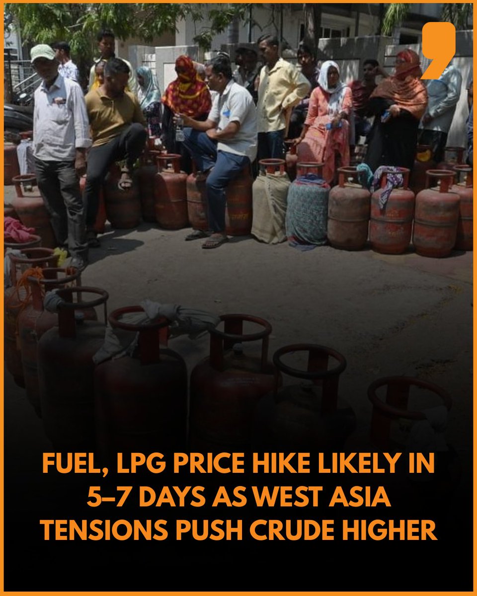News9Tweets's tweet image. #Fuel and #LPG prices in #India are likely to see an increase within the next 5–7 days as the government reviews the impact of rising global #crudeoil prices amid escalating tensions in West Asia. According to reports, petrol and diesel prices may go up by around Rs 4–5 per