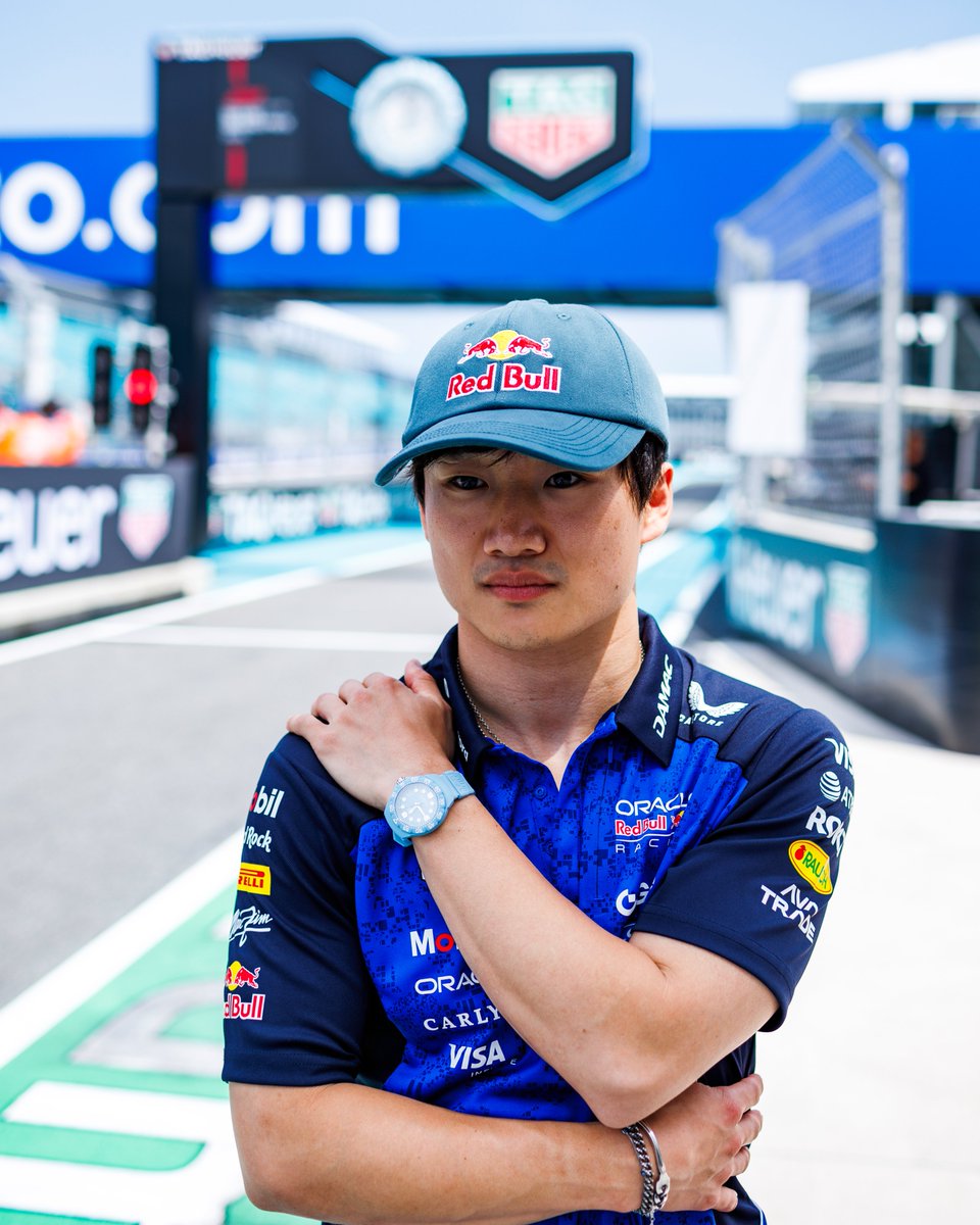 TAGHeuer's tweet photo. The new TAG Heuer Formula 1 collection has just landed and already gave the pit lane clock a fresh new attitude. @redbullracing driver @yukitsunoda07 is going full blue with the pastel blue TAG Heuer Formula 1 Solargraph on his wrist. Let's race Miami! https://t.co/zNgj8alLQQ