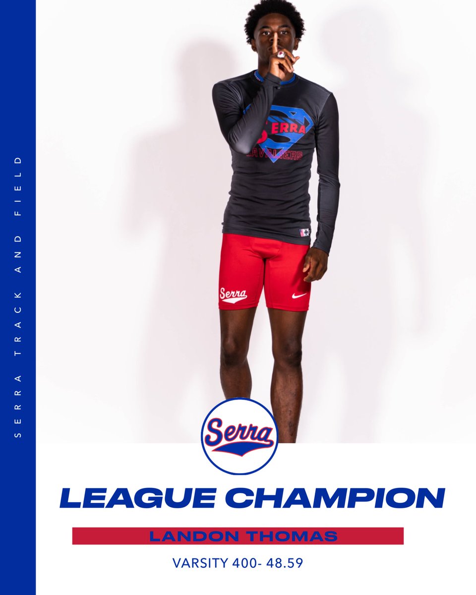 Serra_Track's tweet photo. 👑LEAGUE CHAMPION👑
Congratulations to Junior, Landon Thomas for winning the Del Rey League title in the Boys Varsity 400M. He won it in a PR of 48.59. Landon will be advancing to the CIF Prelims in the 200, 400, 4x1, AND 4x4. Let's go, Landon!
#SerraSpeed https://t.co/5U9SsRABjI