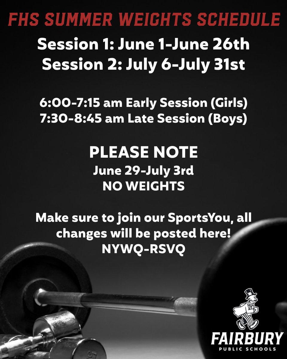 JeffsHighSchool's tweet image. 🏋️‍♂️ Time to get to work; check out our summer weights schedule below &amp;amp; let's get after it!

NO EXCUSES. 😤💪
#JeffPride 💛❤️ #NoExcuses