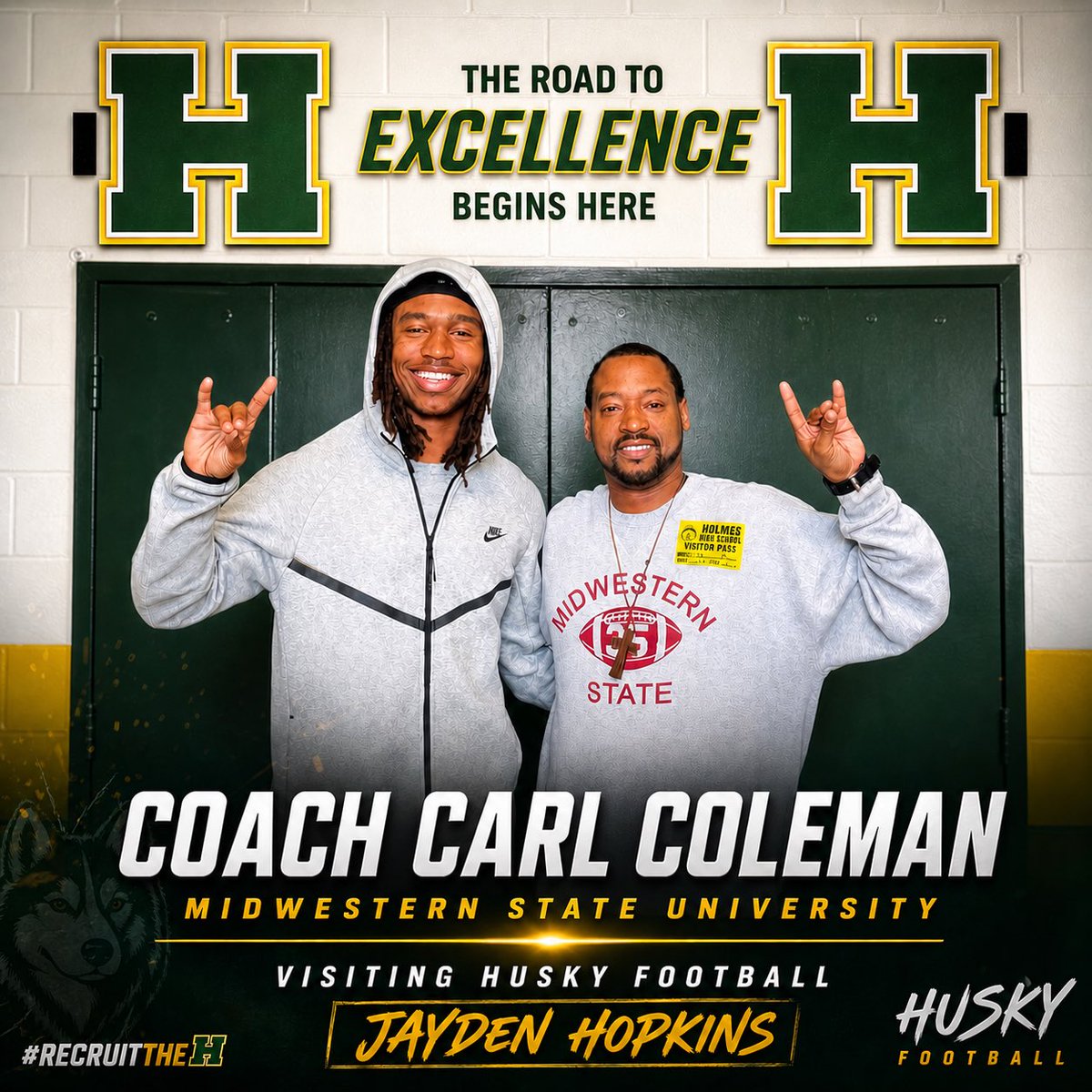 HolmesHuskyFB's tweet photo. Thank you Coach Coleman for visiting Husky Football @_coachcccoleman @DaOfficial_Jay1 @CoachPPadilla @NISD_Athletics @NISDHolmes @nisd_nsite @MSUTexasFB #HFND https://t.co/Bh9LeqcPW7