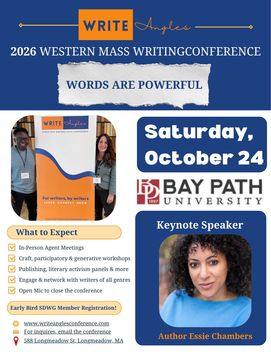 StrawDogWriters's tweet photo. We are so incredibly excited to announce that Essie Chambers will be the Keynote Speaker at WriteAngles Writing Conference on October 24, 2026. We are prepared to be inspired! https://t.co/v6O1vPE4wa