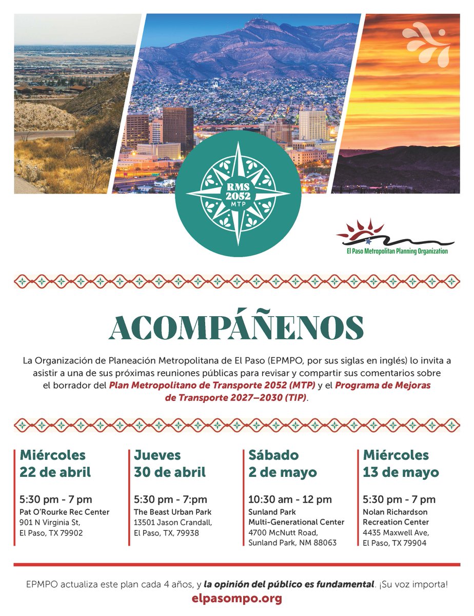 elpmpo's tweet photo. ¡Queremos escuchar su opinión!

Acompáñenos este sáb. 2 de mayo (10:30 AM–12 PM) en Sunland Park Multi-Generational Center para revisar el Plan de Transporte 2052 

¿No puede asistir?
6 mayo | 5:30–7 PM | Rio Vista CC
13 mayo | Nolan Richardson RC https://t.co/K9DbVfYi77